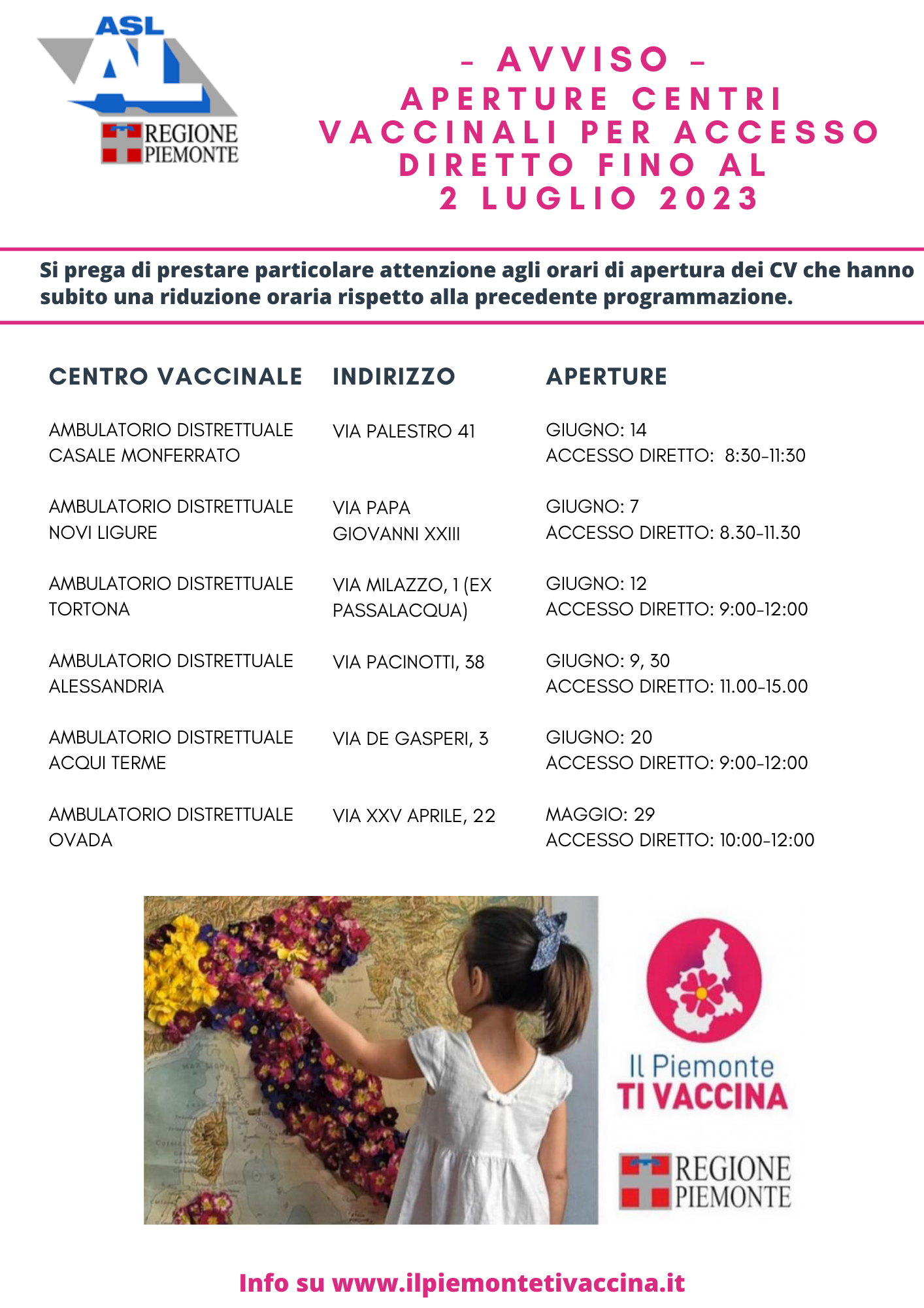CALENDARIO CENTRI VACCINALI AD ACCESSO DIRETTO FINO AL 2 LUGLIO